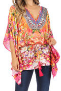 Sakkas Danis Women's Oversized Casual Pullover V-neck Short Sleeve Boho Top Blouse#color_450