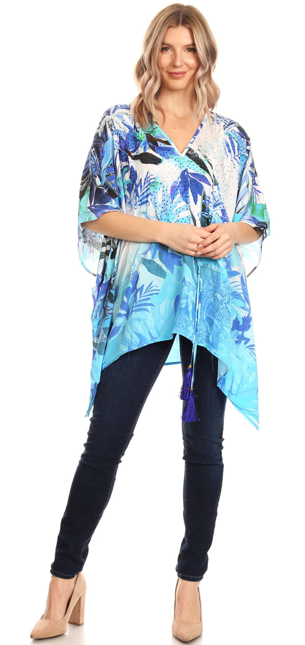 Sakkas Danis Women's Oversized Casual Pullover V-neck Short Sleeve Boho Top Blouse#color_LB218-Blue
