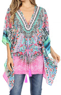 Sakkas Danis Women's Oversized Casual Pullover V-neck Short Sleeve Boho Top Blouse#color_ORM241-Multi