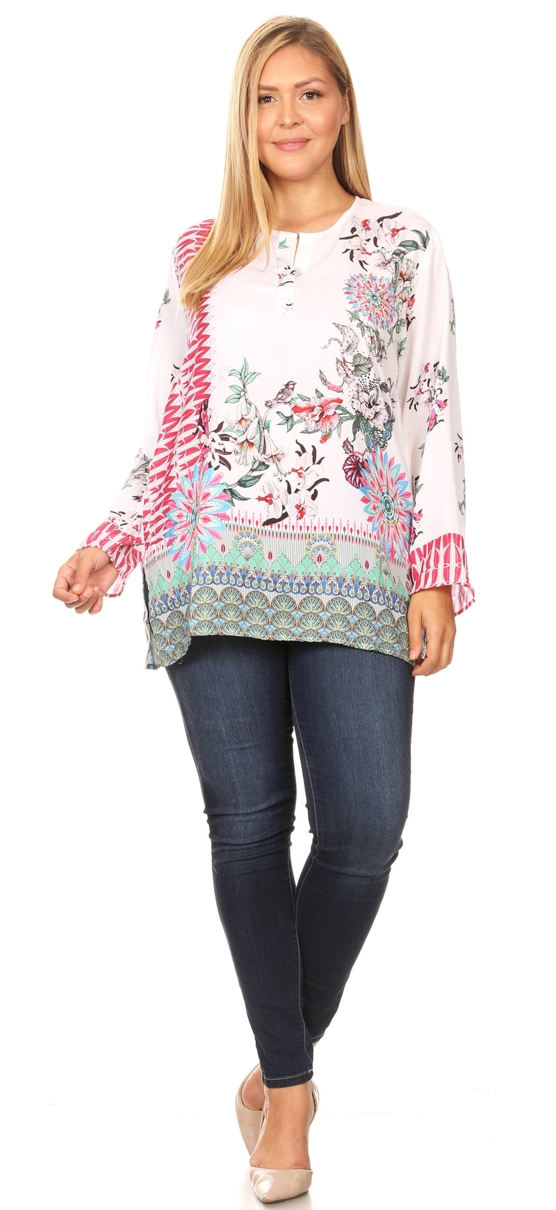 Sakkas Linea Women's Casual Floral Print Long Sleeve Swing Boho Pullover Tunic Top