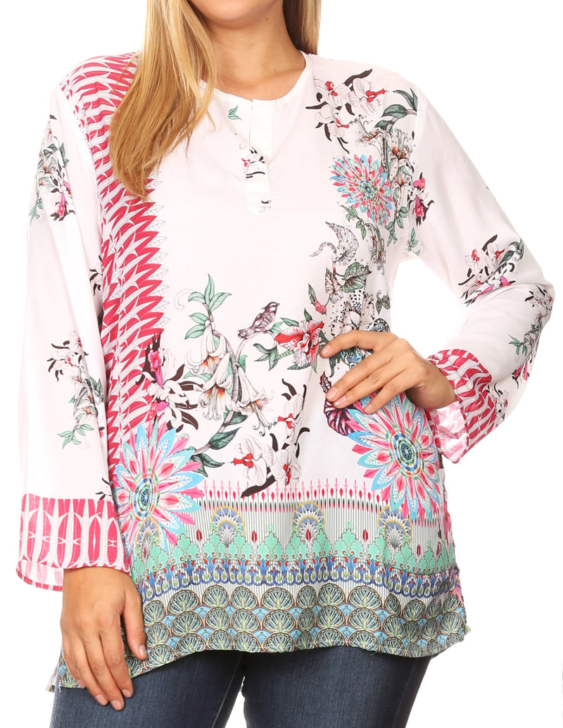 Sakkas Linea Women's Casual Floral Print Long Sleeve Swing Boho Pullover Tunic Top