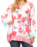Sakkas Linea Women's Casual Floral Print Long Sleeve Swing Boho Pullover Tunic Top#color_FR216-Red