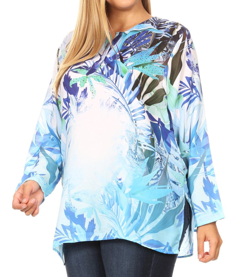 Sakkas Linea Women's Casual Floral Print Long Sleeve Swing Boho Pullover Tunic Top