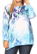 Sakkas Linea Women's Casual Floral Print Long Sleeve Swing Boho Pullover Tunic Top#color_LB218-Blue