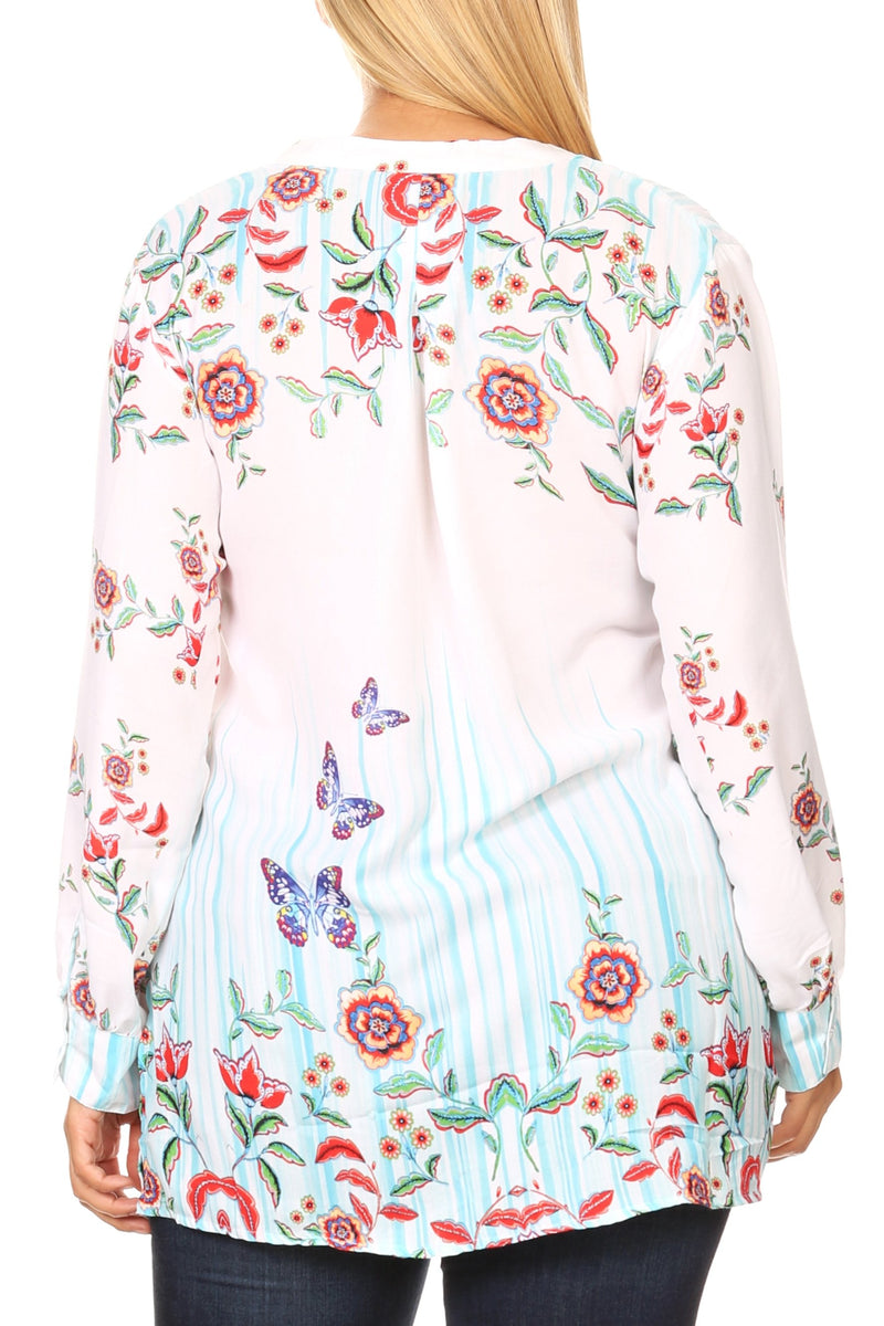 Sakkas Fara Women's Casual Floral Print Lightweight Long Sleeve Blouse Tunic Top