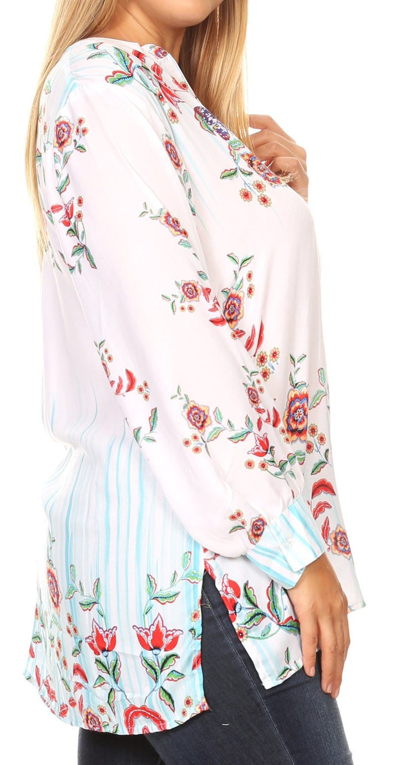 Sakkas Fara Women's Casual Floral Print Lightweight Long Sleeve Blouse Tunic Top