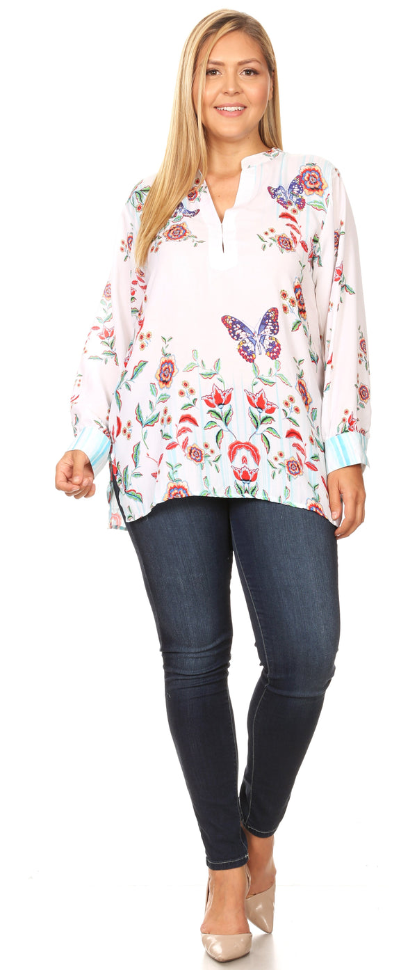 Sakkas Fara Women's Casual Floral Print Lightweight Long Sleeve Blouse Tunic Top #color_FLW244-White