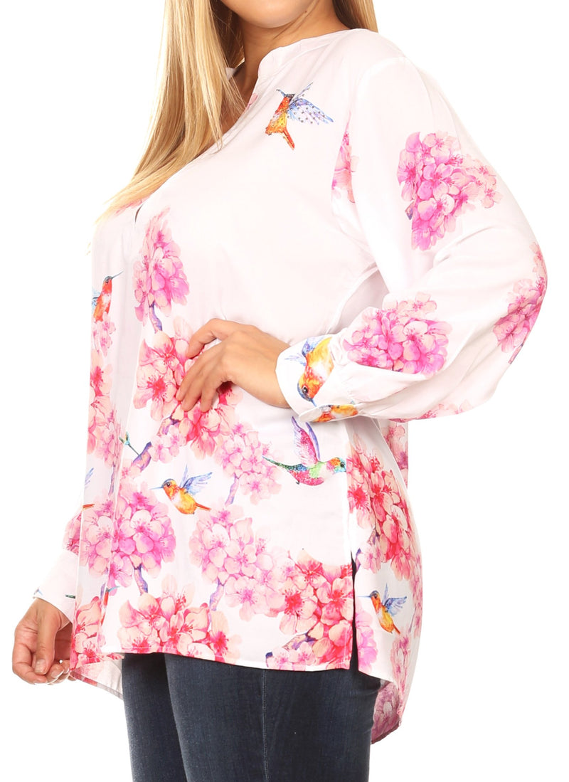 Sakkas Fara Women's Casual Floral Print Lightweight Long Sleeve Blouse Tunic Top