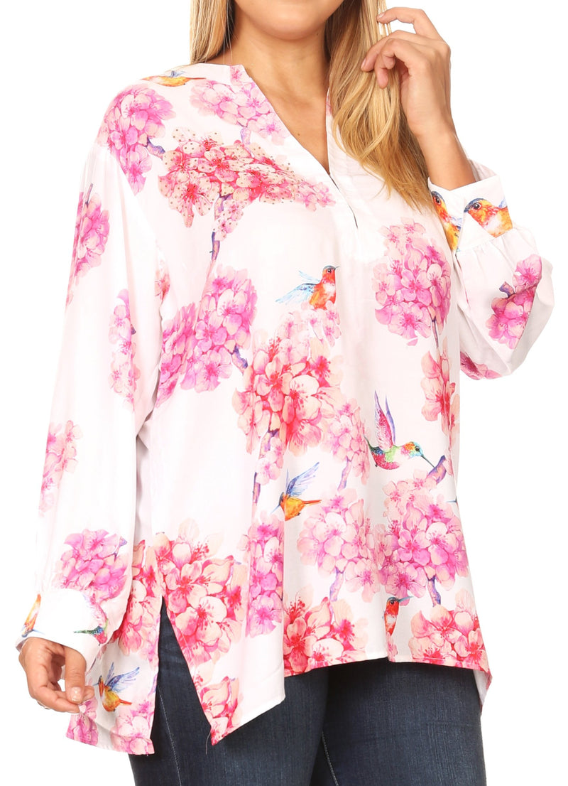 Sakkas Fara Women's Casual Floral Print Lightweight Long Sleeve Blouse Tunic Top