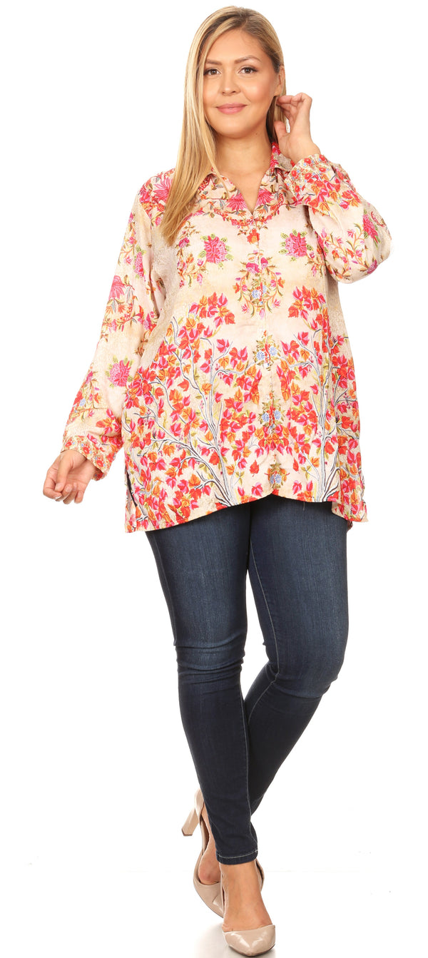 Sakkas Issa Women's Long Sleeve Floral Print Casual Button Down Shirt Blouse Top #color_1906-FM213-Multi 