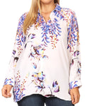 Sakkas Issa Women's Long Sleeve Floral Print Casual Button Down Shirt Blouse Top #color_1906-FW212-White