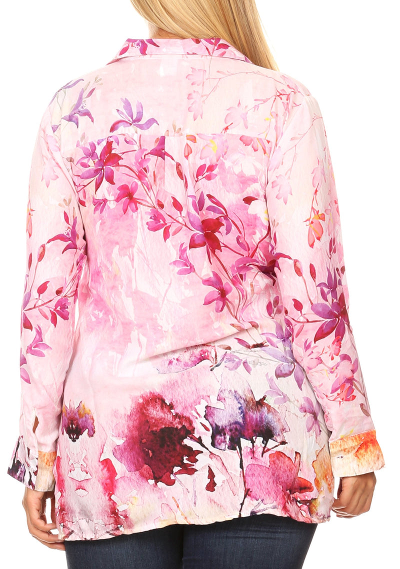Sakkas Issa Women's Long Sleeve Floral Print Casual Button Down Shirt Blouse Top
