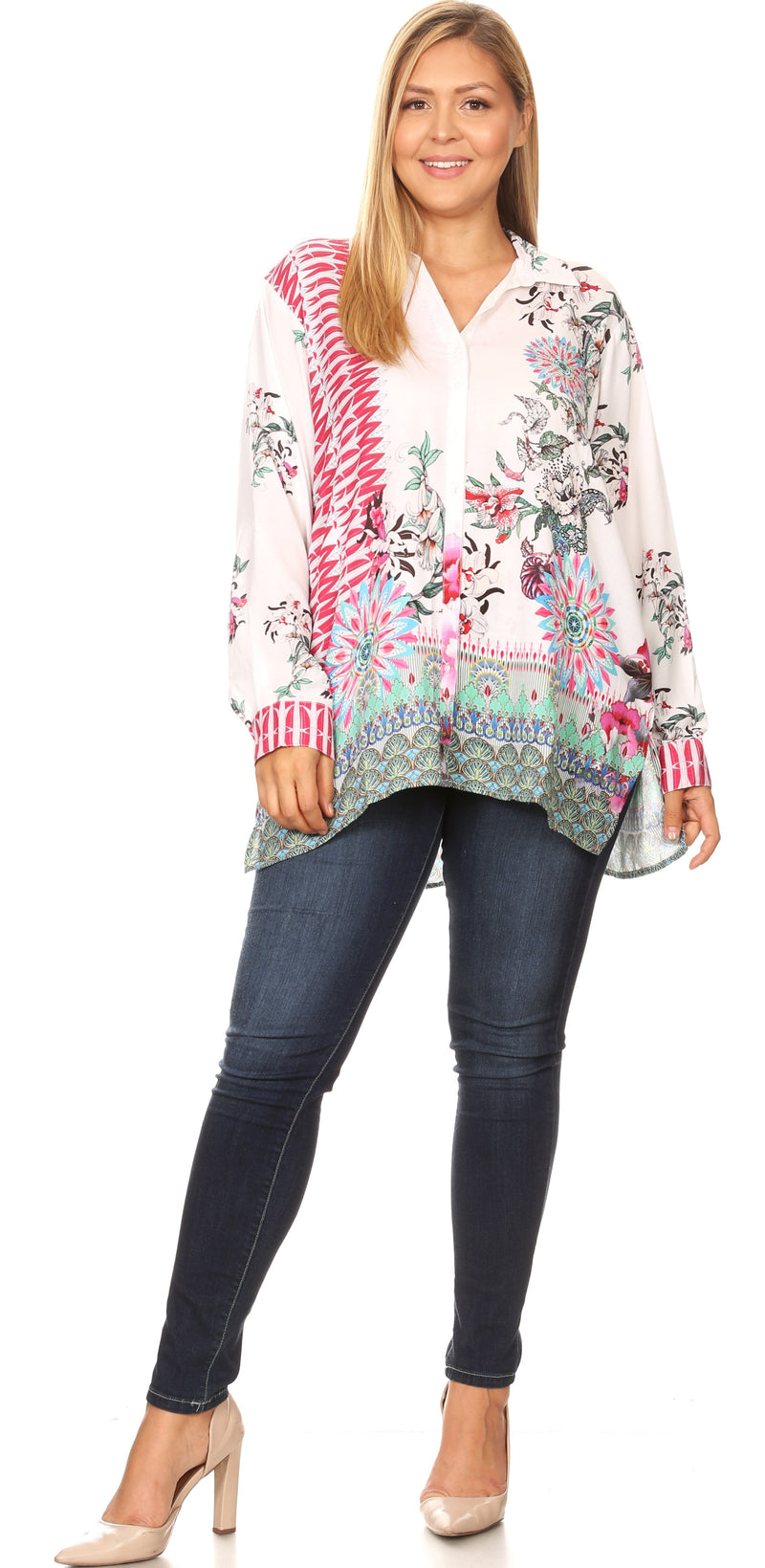 Sakkas Issa Women's Long Sleeve Floral Print Casual Button Down Shirt Blouse Top