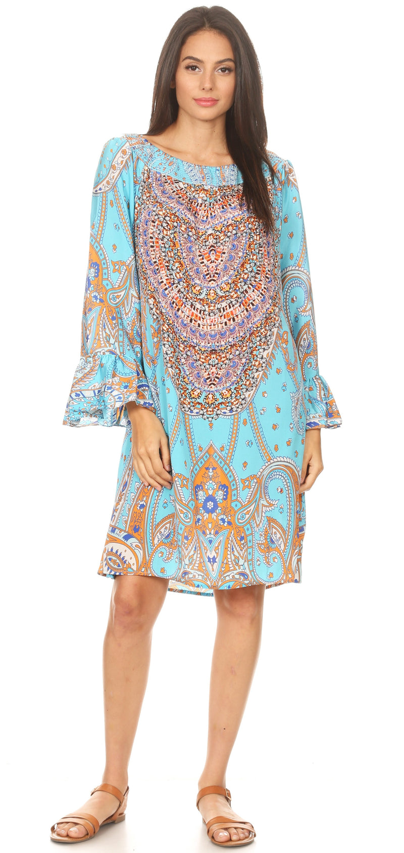 Sakkas Riza Women's Off Shoulder Long Sleeve Tunic Shirt Short Dress with Print