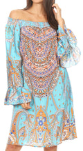 Sakkas Riza Women's Off Shoulder Long Sleeve Tunic Shirt Short Dress with Print#color_MTU293-Turquoise