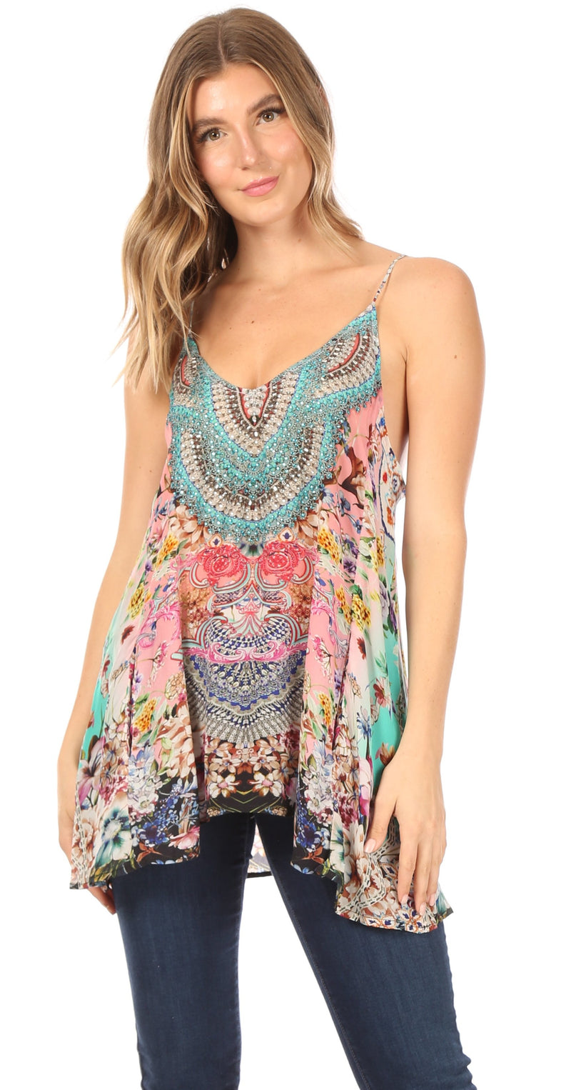 Sakkas Bette Women's Casual Boho Loose Printed Spaghetti Strap Top Tank Camisole