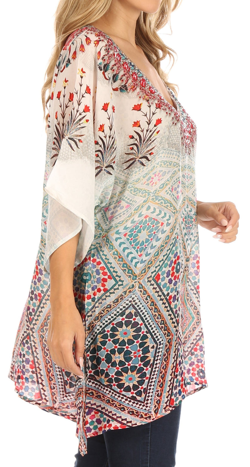 Sakkas Tanya Women's Short Sleeve Floral Print Loose Blouse Tunic V-neck Silky