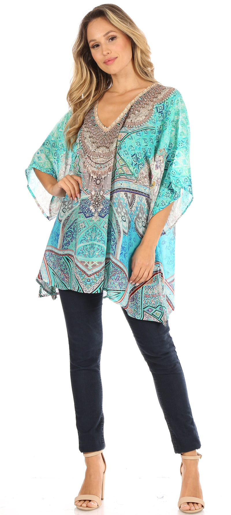 Sakkas Tanya Women's Short Sleeve Floral Print Loose Blouse Tunic V-neck Silky