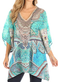 Sakkas Tanya Women's Short Sleeve Floral Print Loose Blouse Tunic V-neck Silky#color_TTU383-Turquoise
