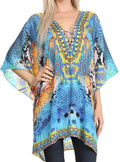 Sakkas Journie Short Printed Wide Sleeve Plunging V-Neck Lace-Up Kaftan Tunic Top#color_17007-Turquoise/Yellow