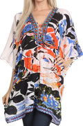 Sakkas Journie Short Printed Wide Sleeve Plunging V-Neck Lace-Up Kaftan Tunic Top#color_17008-White / Black