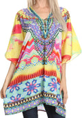 Sakkas Journie Short Printed Wide Sleeve Plunging V-Neck Lace-Up Kaftan Tunic Top#color_17009-Green / Yellow