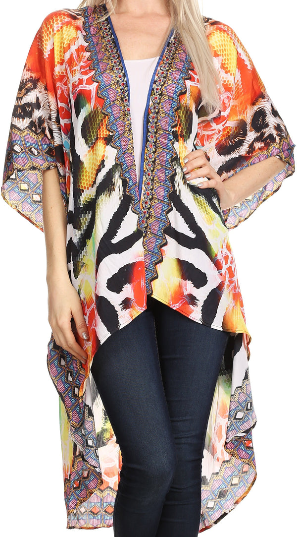 Sakkas Osiris Embellished Hi Low V-Neck Clasp Beach Cover-Up Kimono Kaftan Tunic#color_17016-Red/Yellow