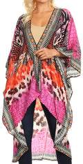 Sakkas Osiris Embellished Hi Low V-Neck Clasp Beach Cover-Up Kimono Kaftan Tunic#color_17018-Fuschia
