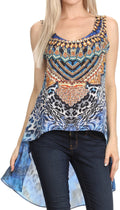 Sakkas Taryn Printed Hi Low U Scoop Neck Sleeveless Cover-up Tank Kaftan Tunic Top#color_17019-Blue/White