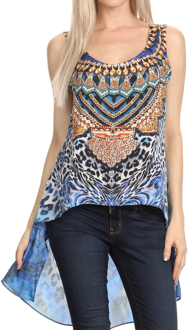 Sakkas Taryn Printed Hi Low U Scoop Neck Sleeveless Cover-up Tank Kaftan Tunic Top#color_17019-Blue/White