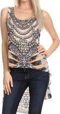 Sakkas Taryn Printed Hi Low U Scoop Neck Sleeveless Cover-up Tank Kaftan Tunic Top#color_17020-Black/Orange
