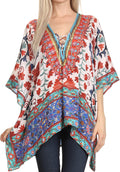 Sakkas Celeste Short V-Neck Lace Up Jewel Drawstring Poncho Coverup Kaftan Top#color_17022-White/Red