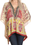 Sakkas Celeste Short V-Neck Lace Up Jewel Drawstring Poncho Coverup Kaftan Top#color_17023-Cream/Fuschia