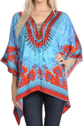 Sakkas Celeste Short V-Neck Lace Up Jewel Drawstring Poncho Coverup Kaftan Top#color_17024-Blue/Red