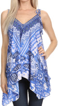 Sakkas Nasreen Sleeveless Printed V-Neck Tank Trapeze Caftan Adjustable Straps #color_17027-Blue/White