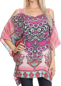 Sakkas Anya Printed Draped Short Sleeve Strap Cutout Shoulder V-Neck Kaftan Top #color_17029-Purple/Pink