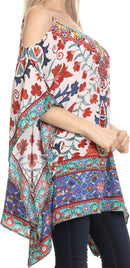 Sakkas Anya Printed Draped Short Sleeve Strap Cutout Shoulder V-Neck Kaftan Top