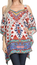 Sakkas Anya Printed Draped Short Sleeve Strap Cutout Shoulder V-Neck Kaftan Top #color_17030-White/Red