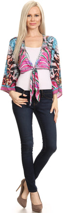 Sakkas Amita Printed Embellished Kaftan Front Tie Kimono Sleeve Crop Top Shrug