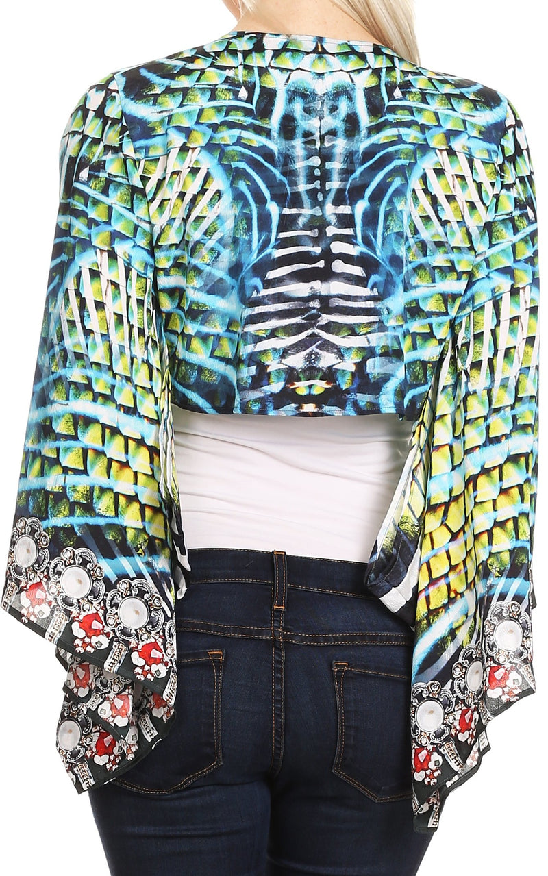 Sakkas Amita Printed Embellished Kaftan Front Tie Kimono Sleeve Crop Top Shrug