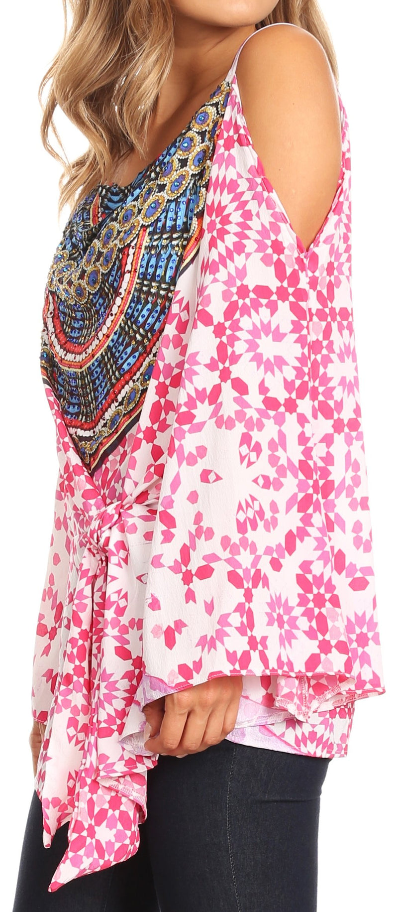 Sakkas Bosede Off Shoulder Bell Sleeve Casual Top Blouse w/Print and Rhimestones