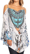 Sakkas Bosede Off Shoulder Bell Sleeve Casual Top Blouse w/Print and Rhimestones#color_17215-Whitesnake