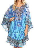 Sakkas Delu Flowy V Neck Blouse Top with Ruffled Trim and Rhinestones#color_17220-Turqkaleidoscope 