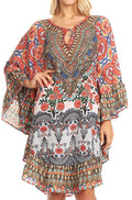 Sakkas Delu Flowy V Neck Blouse Top with Ruffled Trim and Rhinestones#color_17221-Orangefolk 