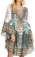 Sakkas Delu Flowy V Neck Blouse Top with Ruffled Trim and Rhinestones#color_17222-Mint/ornate 