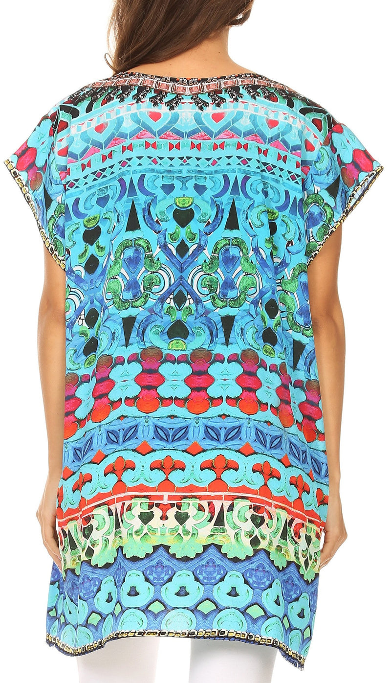Sakkas Lesedi Top Blouse With Cap Sleeves Colorful Print and Rhinestones