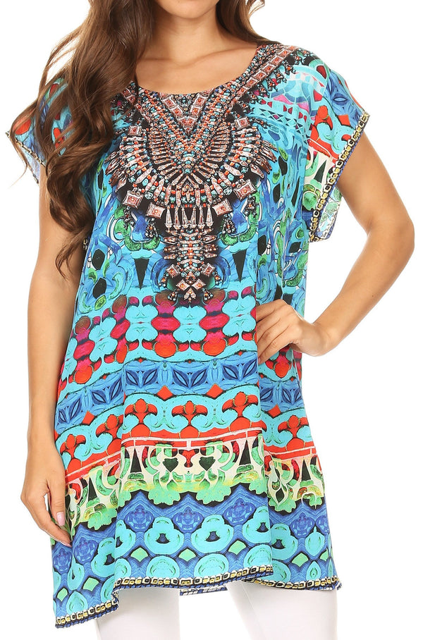 Sakkas Lesedi Top Blouse With Cap Sleeves Colorful Print and Rhinestones#color_17230-Turquoise-Multi