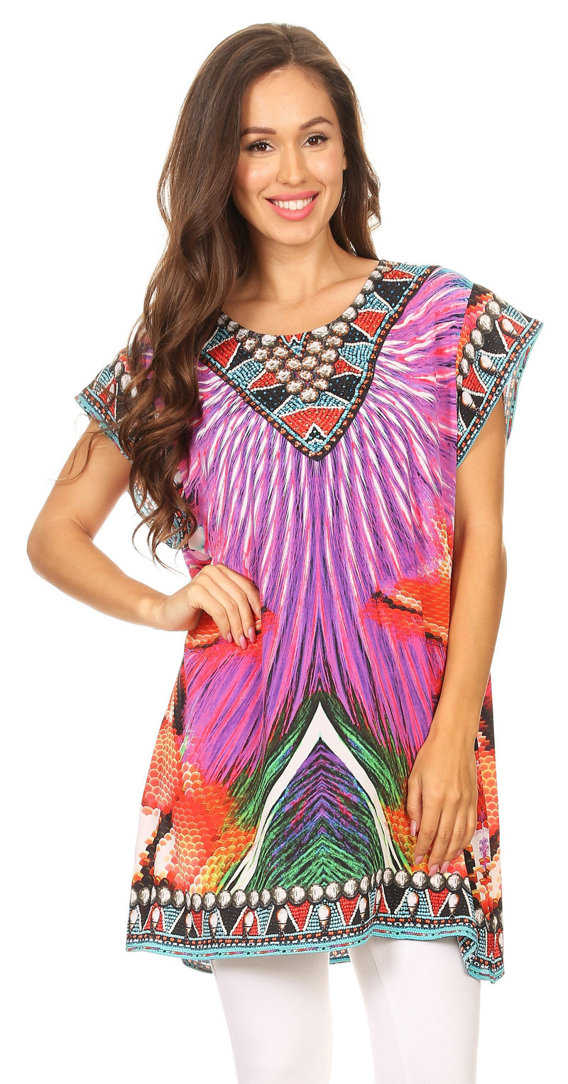 Sakkas Lesedi Top Blouse With Cap Sleeves Colorful Print and Rhinestones