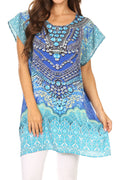Sakkas Lesedi Top Blouse With Cap Sleeves Colorful Print and Rhinestones#color_17232-Blue/ornate