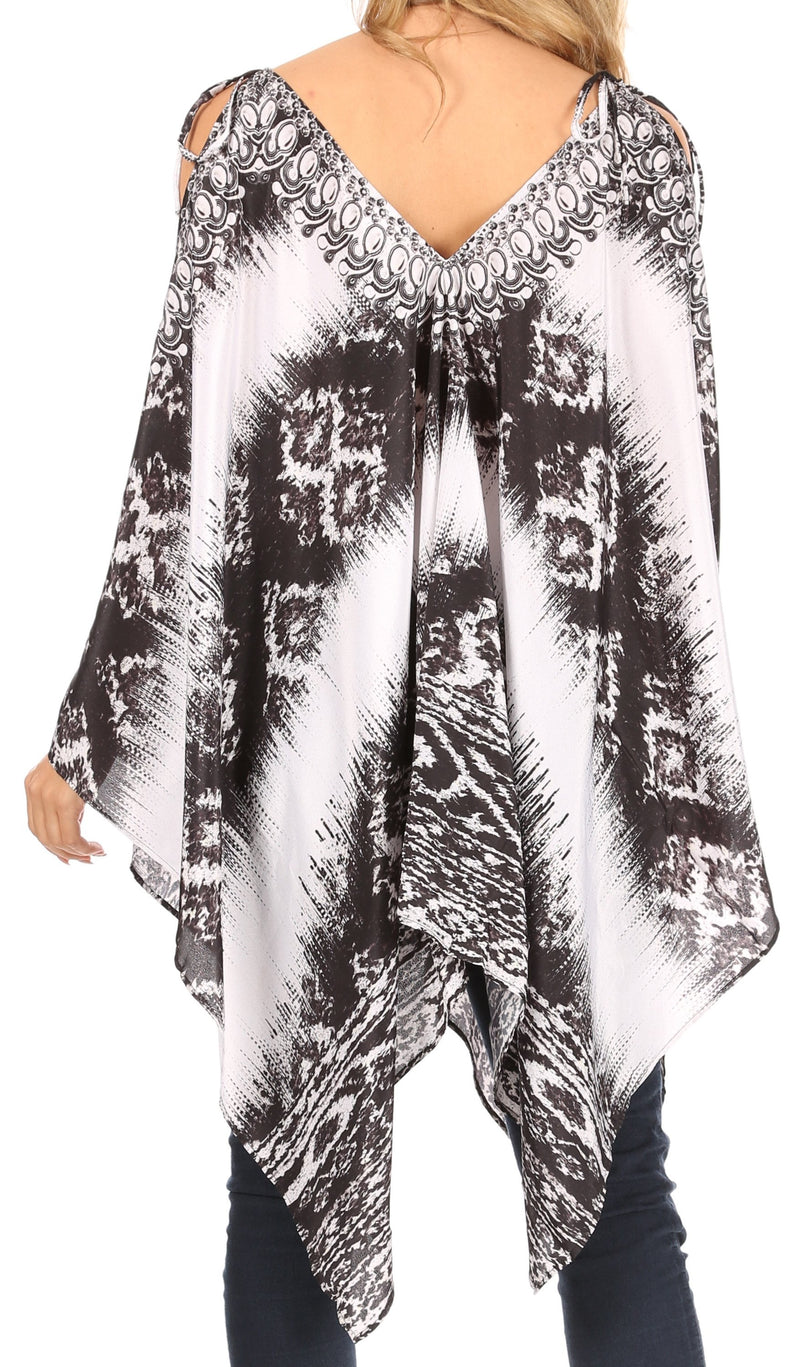 Sakkas Zula Sleeveless Asymetrical Top Blouse with Colorful Print and Rhinestones